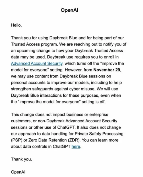 OpenAI's email to Trusted Access members about the policy change for Daybreak Blue sessions. — Picture from the-decoder.com
