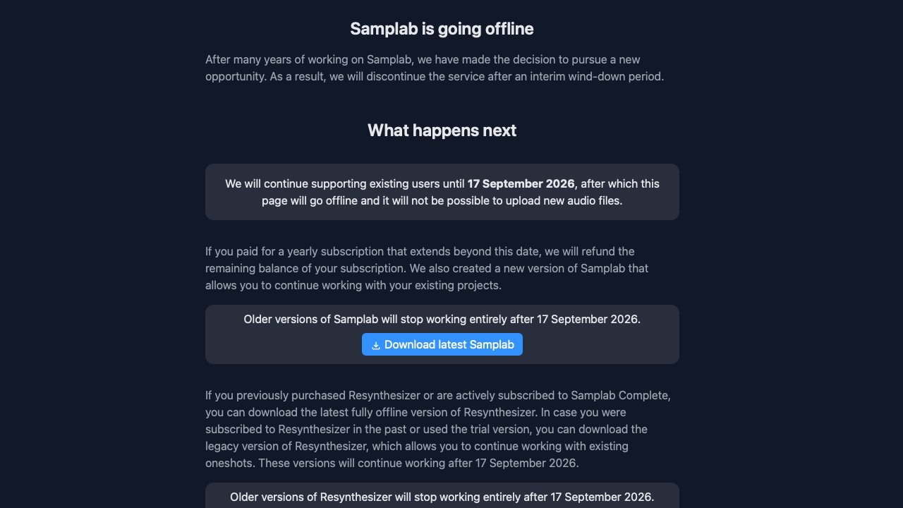 Dark webpage announcement stating Samplab is going offline, explains support will end 17 September 2024, mentions audio files unavailable afterward, and provides a prominent blue b