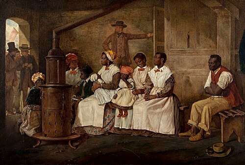 Eyre Crowe 's 1853 portrait, Slaves Waiting for Sale: Richmond, Virginia , which he completed after visiting Richmond 's slave markets, where thousands were sold annually [ 48 ] — 