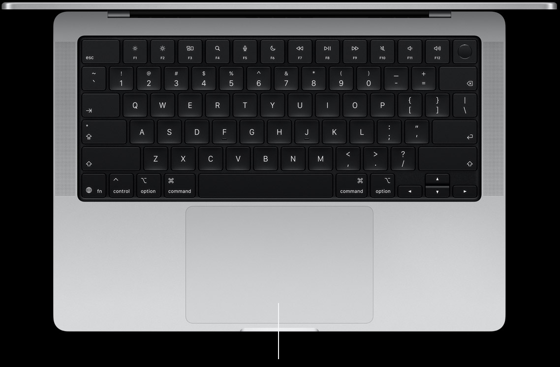 The 14-inch keyboard and Force Touch trackpad on Apple's spec sheet. Touch ID is the round key at the top right. The white line at the bottom is Apple's measurement mark.