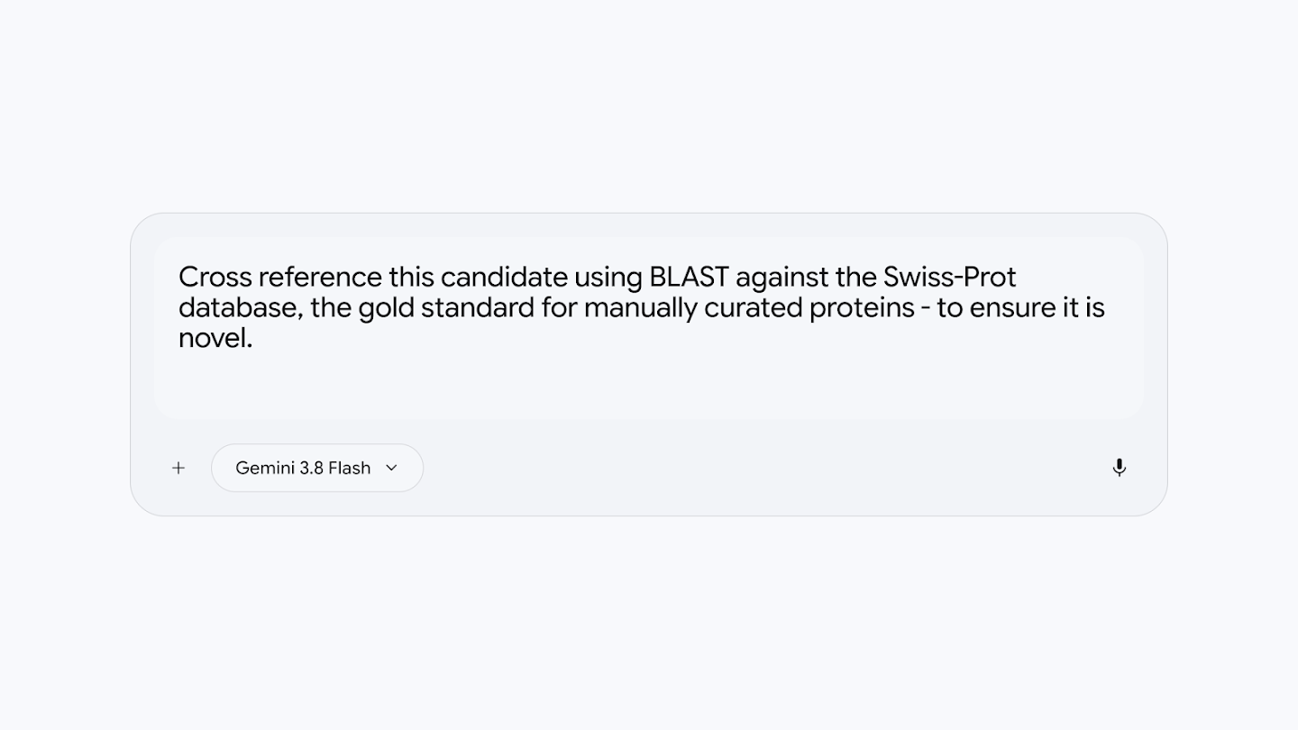 Validating the novelty of a finding: To verify the novelty of this discovery, the researcher guides the agent to interrogate the candidate against curated knowledge in Swiss-Prot v