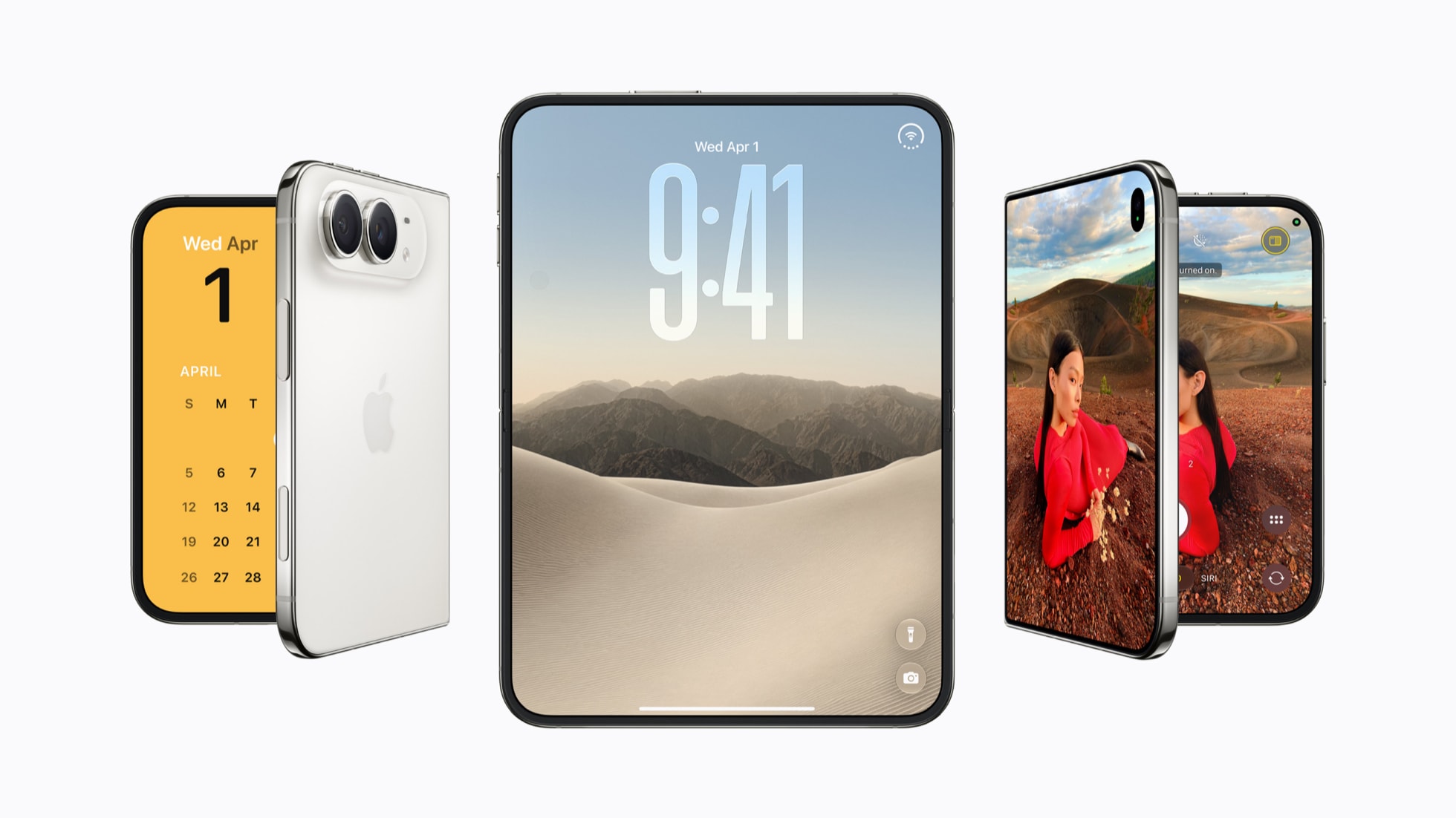 A row of three iPhone Duo devices, with two of them folded and the center one open. — Picture from apple.com