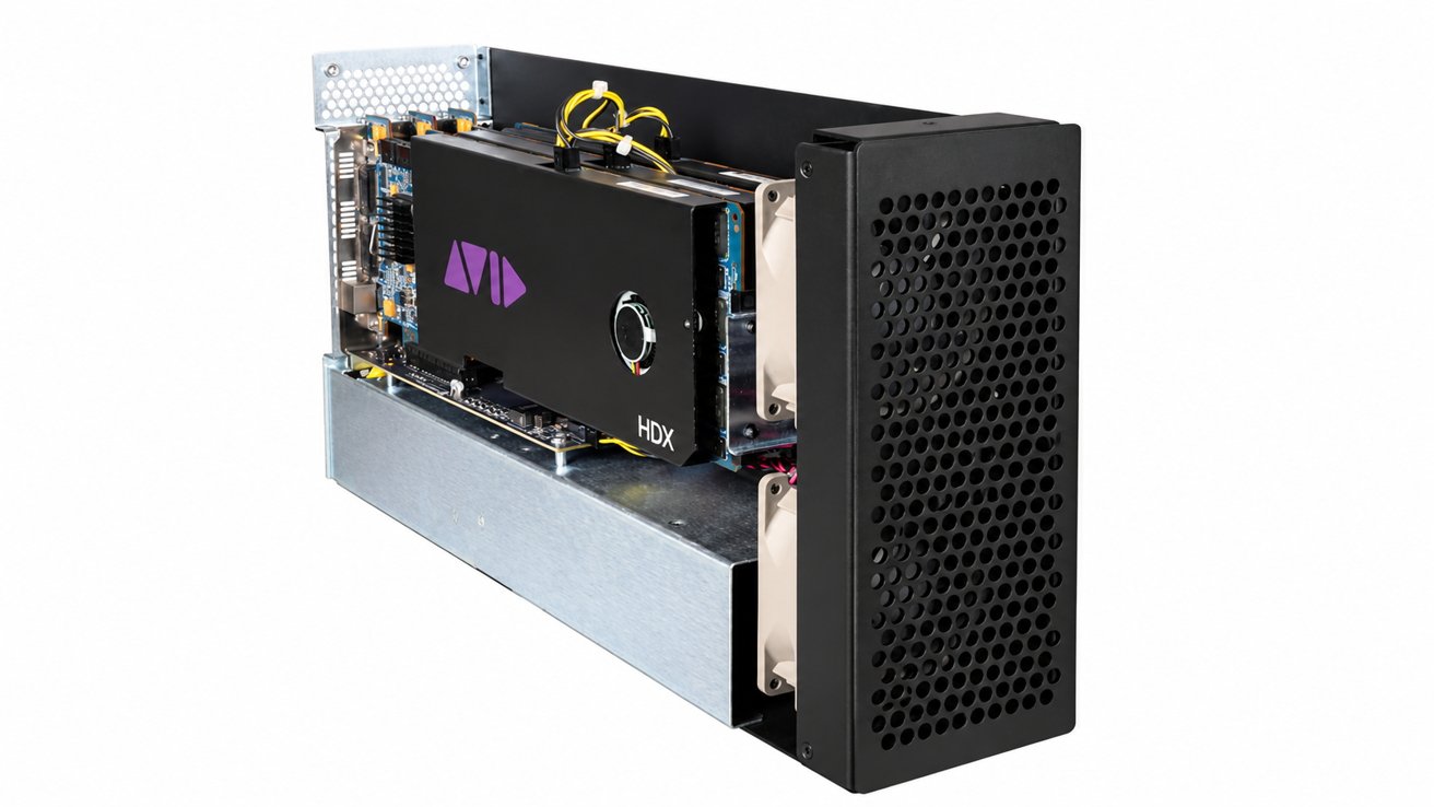 Rack-mountable computer hardware enclosure with exposed circuit boards and an Avid-branded HDX card, featuring a perforated black front panel for ventilation and metallic chassis h