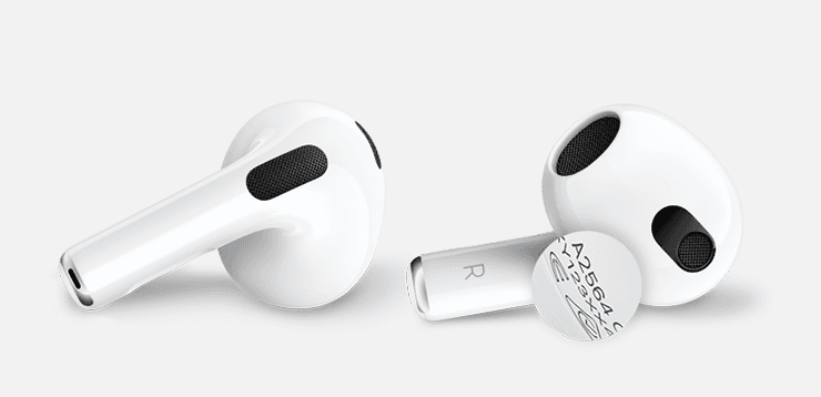 Location of the model number on AirPods 3. The model number is printed on the bottom of each AirPods earbud. — Picture from support.apple.com