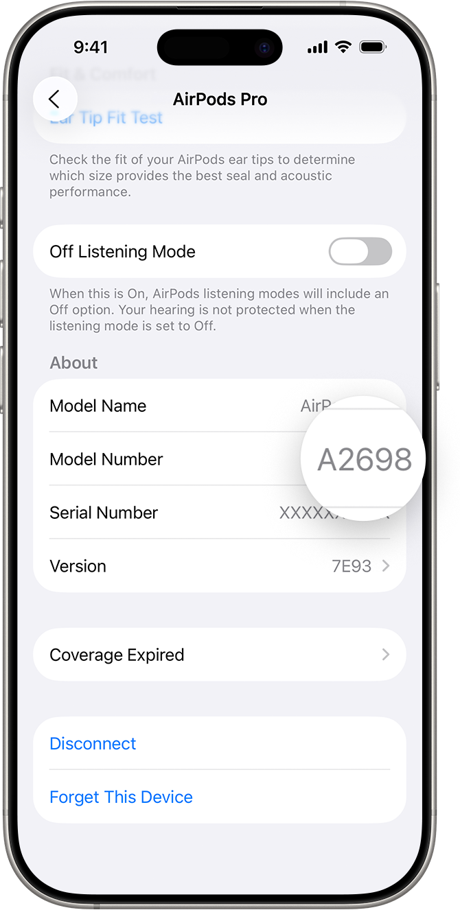 AirPods Pro model number listed in Settings on iPhone. — Picture from support.apple.com