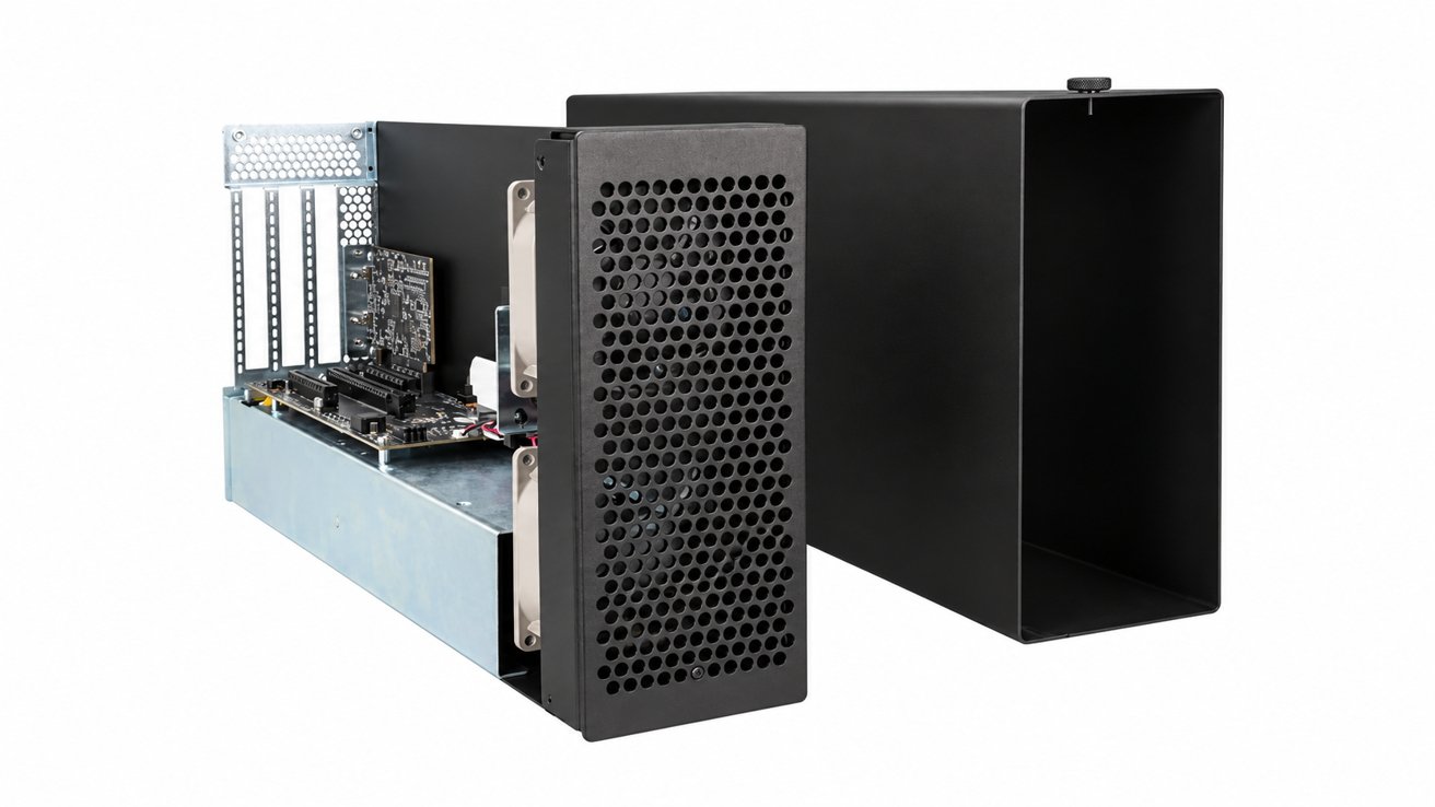 Black rectangular computer case with side cover removed, revealing internal metal frame, circuit boards, expansion slots, and a perforated front panel for airflow on a white backgr