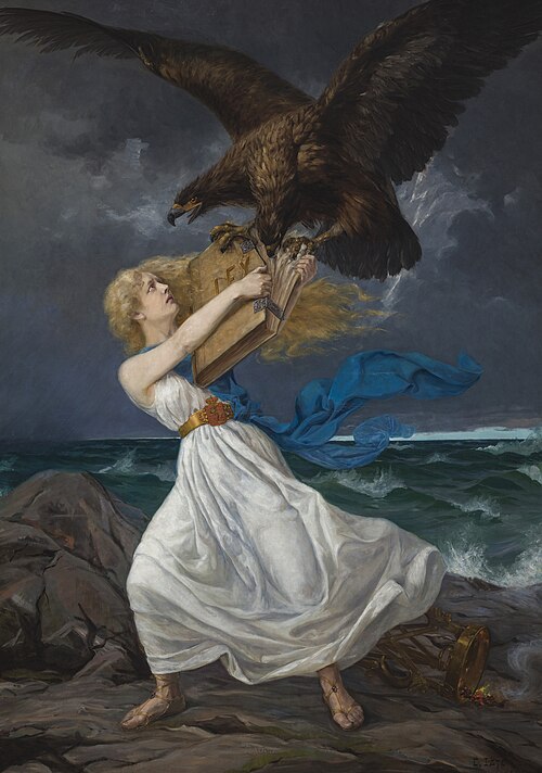 Edvard Isto , The Attack , 1899. The Russian eagle is attacking the Finnish Maiden , trying to steal her book of laws — Picture from en.wikipedia.org