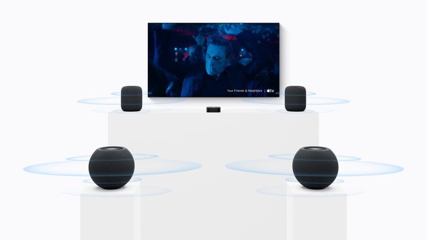 Four HomePod speakers with the new Apple TV 4K. Picture from apple.com