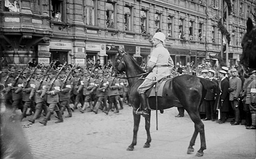 Finnish military leader and statesman C. G. E. Mannerheim as general officer leading the White Victory Parade at the end of the Finnish Civil War in Helsinki, 1918 — Picture from e
