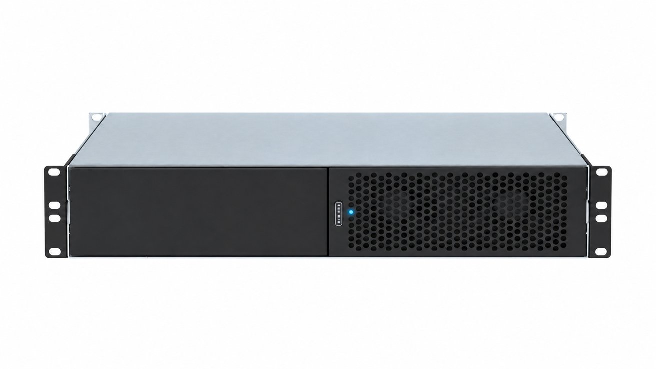Front view of a 1U rackmount server with metal casing, solid left panel, right-side ventilation grille, indicator lights, and mounting ears on both sides against a white background
