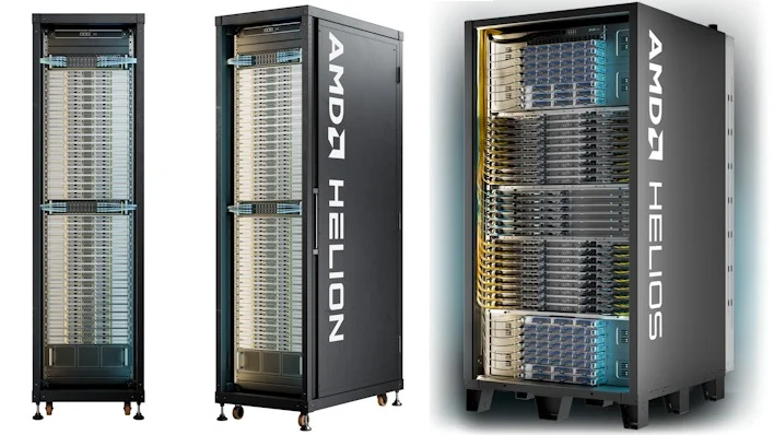 Two views of AMD Helion next to the larger Helios rack. - Image: AMD — Picture from hothardware.com