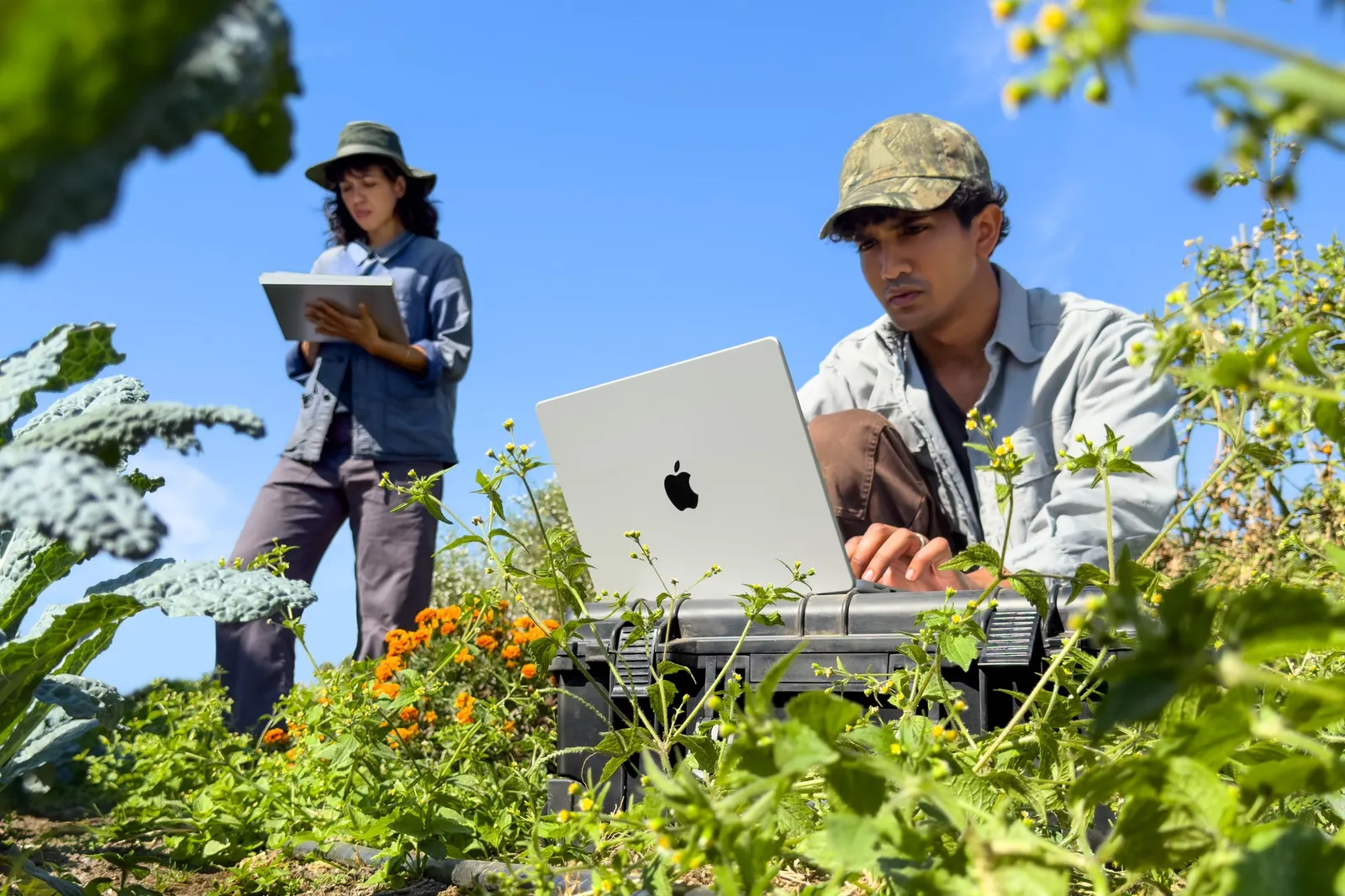 Two people perform fieldwork using MacBook Pro outdoors on a sunny day. — Picture from apple.com