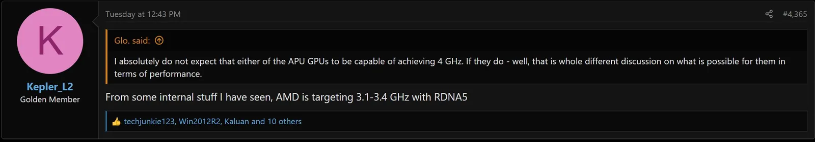 Kepler_L2 on the AnandTech forum, in the screenshot Wccftech published on 3 September 2026. The line is a target for RDNA 5. It does not name a Radeon RX 10950 XTX.