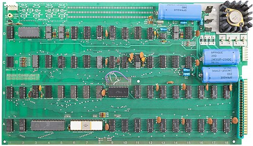 The Apple I , the company's first product, was sold as an assembled board without a keyboard, power supply, or case. — Picture from en.wikipedia.org