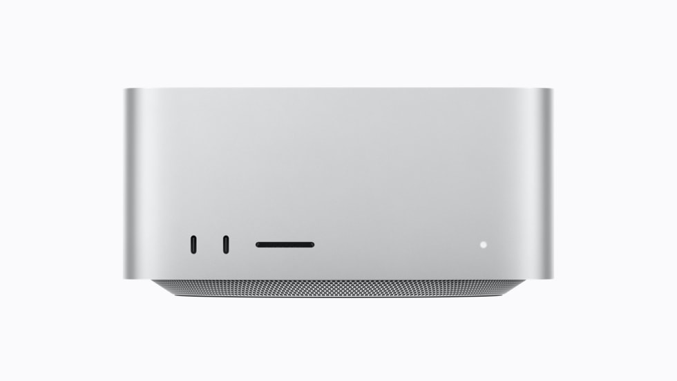 Apple's August photo of the Mac Studio. The 512GB configuration uses this case. The picture does not show the memory inside. Apple's spec sheet puts Thunderbolt 5 on the front of an M5 Ultra and USB-C on the front of an M5 Max. The wide slot is SDXC. The dot is the status light.