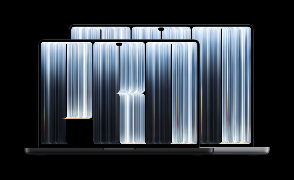 Apple's photo of the 14-inch and 16-inch MacBook Pro with the PROLED XDR display. Each screen has a pill-shaped camera opening at the top. The stripes are the wallpaper in the photo.
