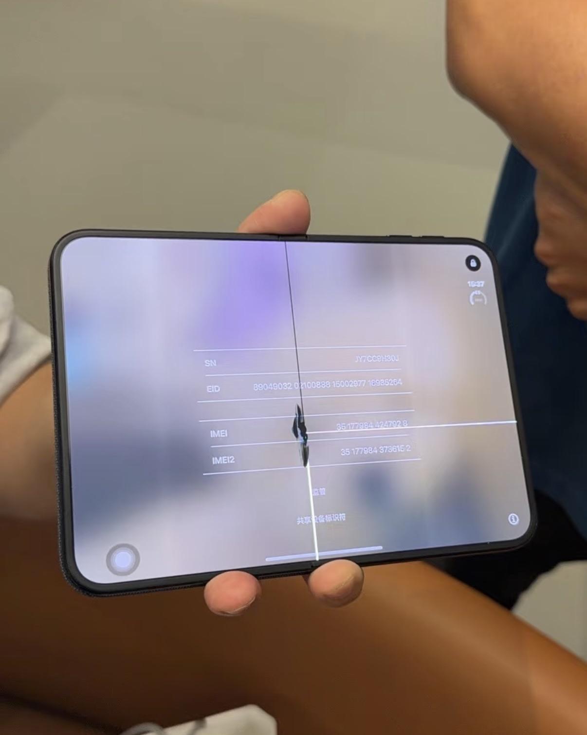 A third phone from the gallery, on the About screen. A dark mark sits on the crease, and a bright line runs down from it.